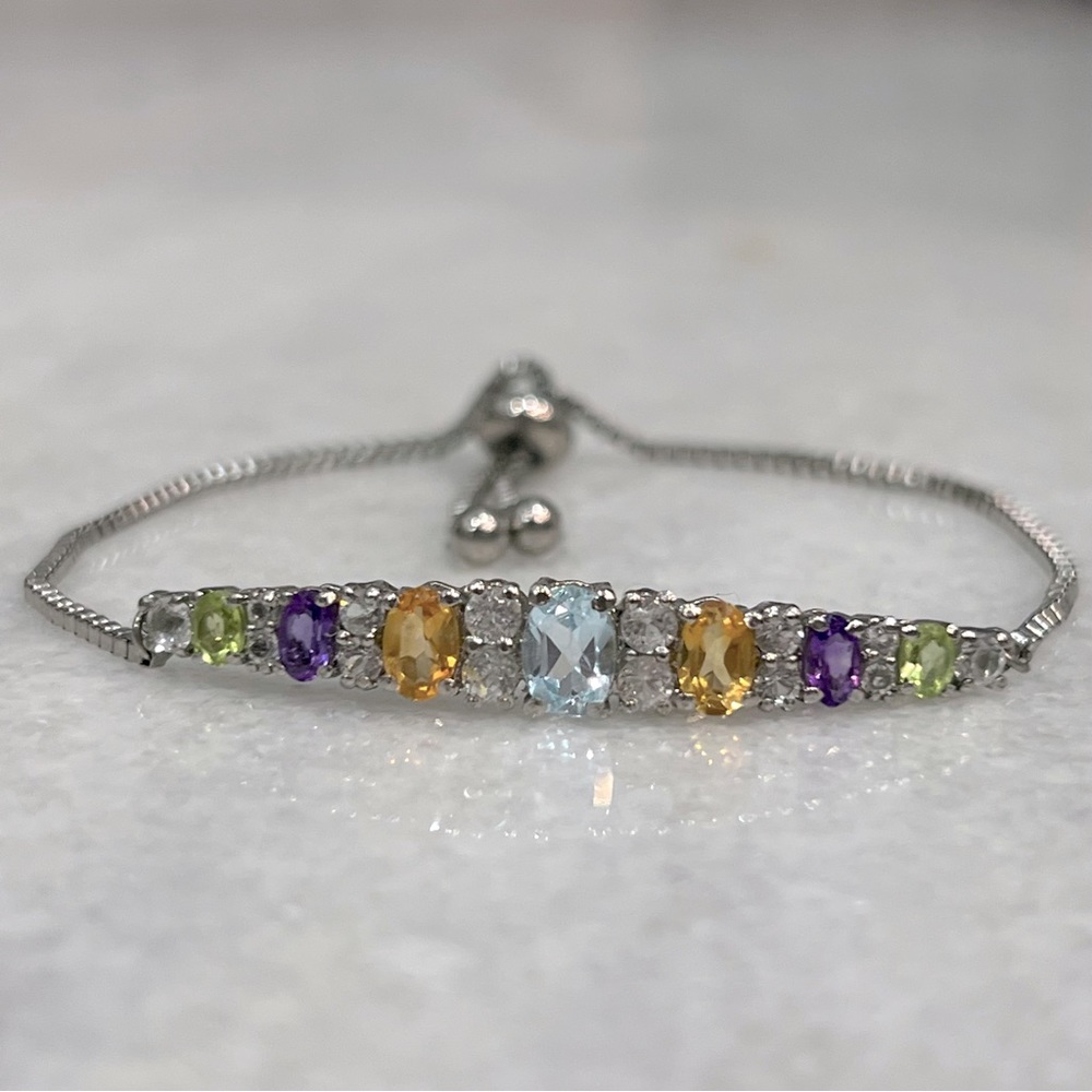 Multigemstone White Topaz Silver BOLO Bracelet